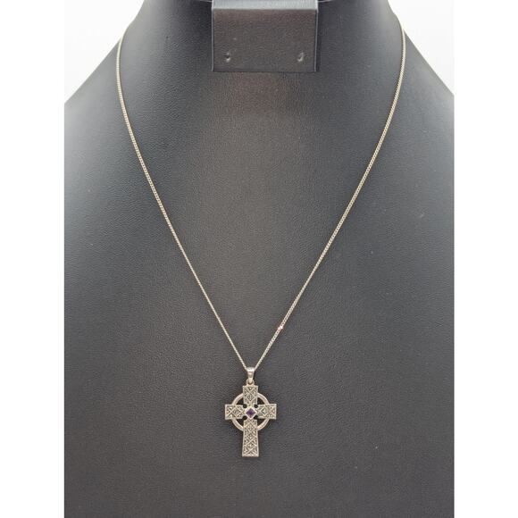 925 Sterling Silver Marcasite Amethyst Celtic Cross Pendant Chain 18" Necklace - Picture 8 of 8